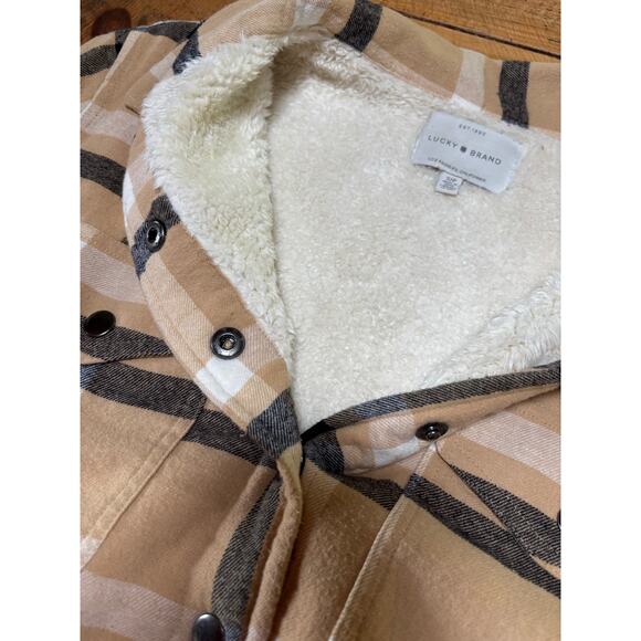 Womens Lucky Brand Gold Yellow Plaid‎ Flannel Sherpa Long Sleeve Shacket Small - Picture 6 of 9